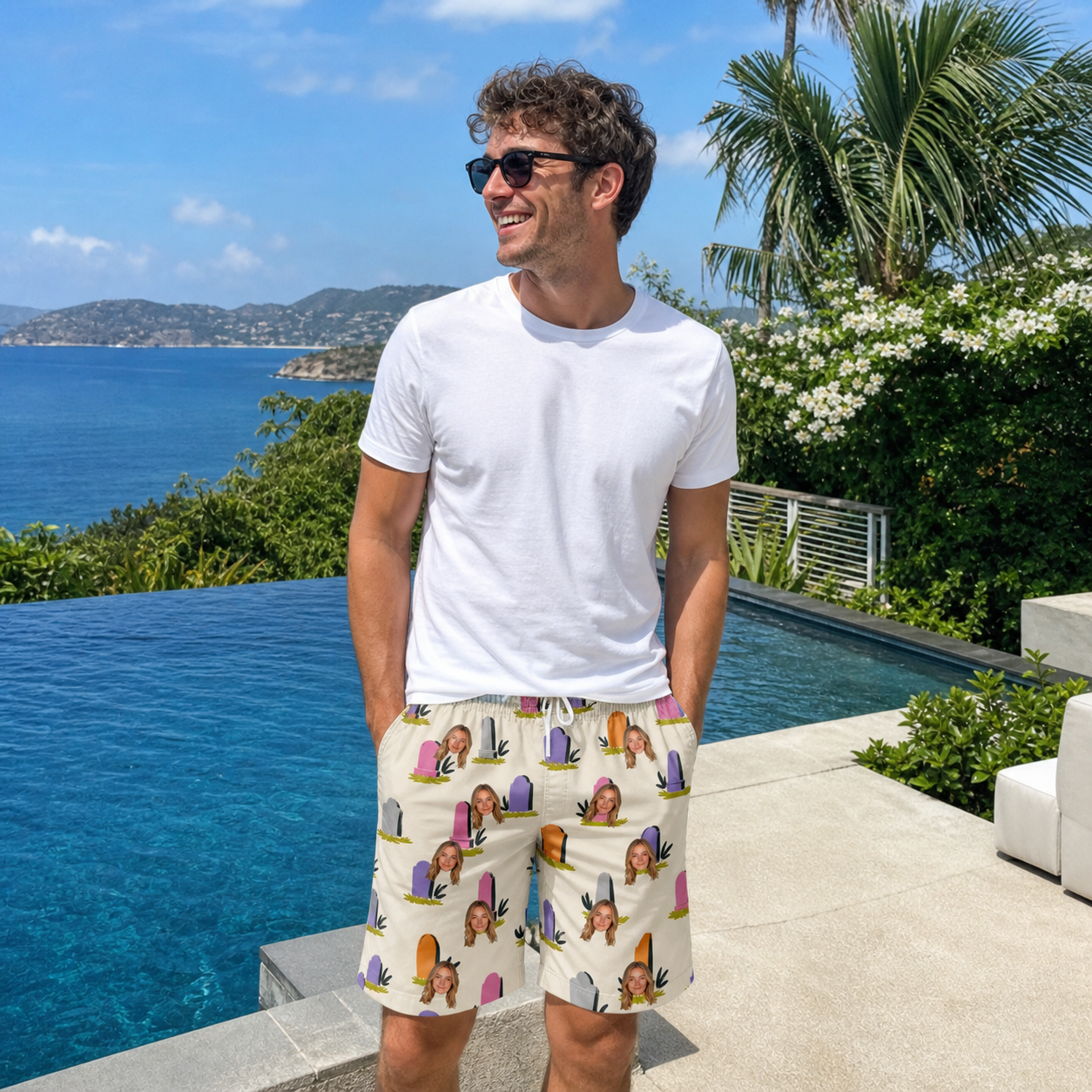 Real-life photo of someone wearing Men's Resting Jest Custom Face Beach Shorts — custom faces printed all-over