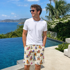 Real-life photo of someone wearing Men's Resting Jest Custom Face Beach Shorts — custom faces printed all-over