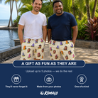 Friends in matching Men's Resting Jest Custom Face Beach Shorts — a group gift photo