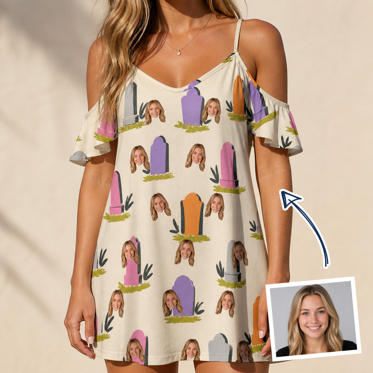 Woman wearing Women's Resting Jest Custom Face Off-Shoulder Dress — custom faces printed all-over