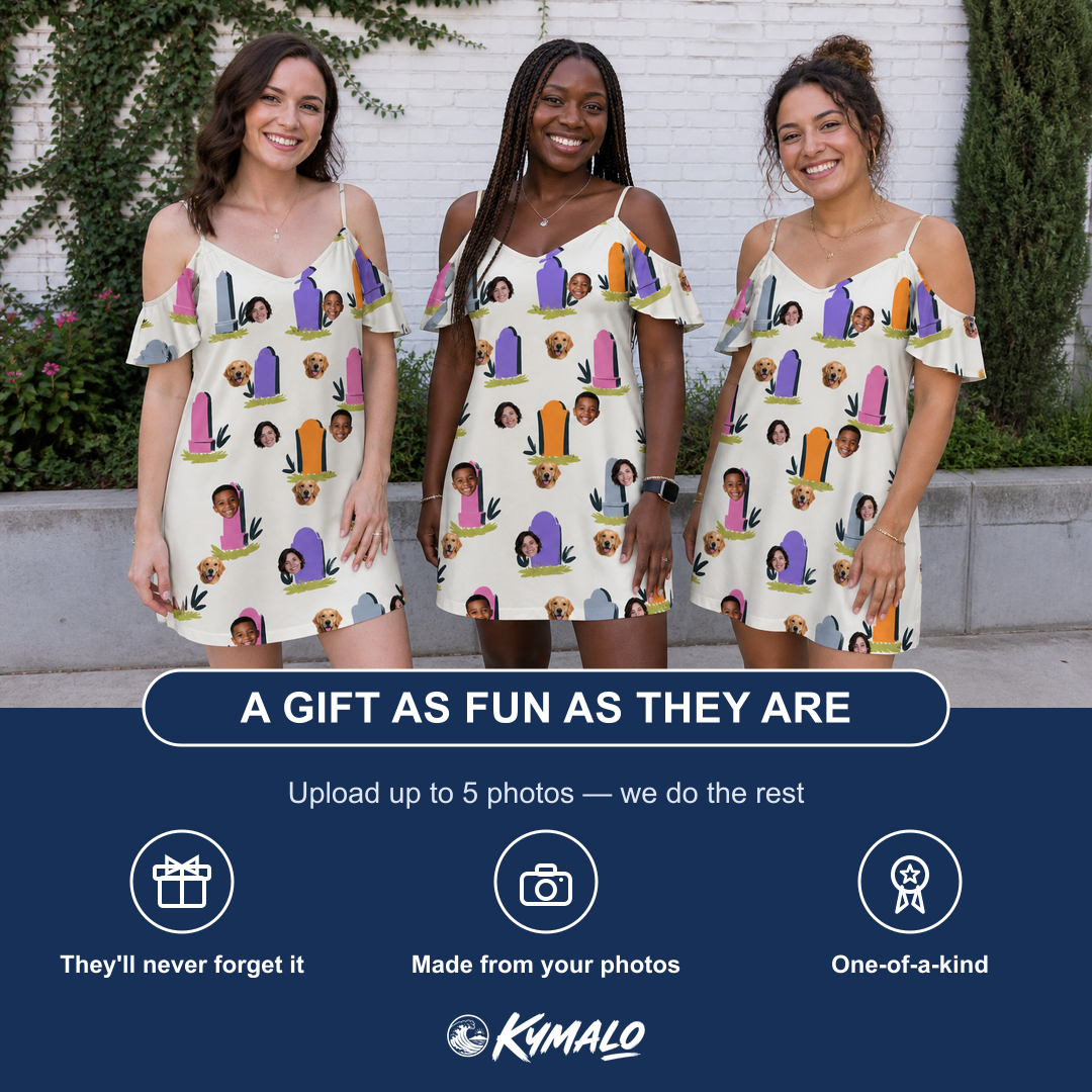 Friends in matching Women's Resting Jest Custom Face Off-Shoulder Dress — a group gift photo