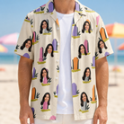 Man wearing Men's Resting Jest Custom Face Hawaiian Shirt open over a white tee