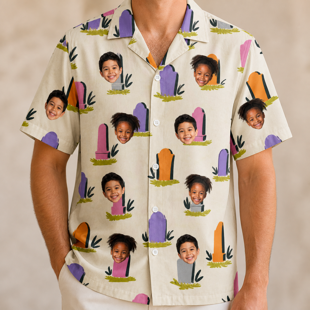 Model wearing Men's Resting Jest Custom Face Hawaiian Shirt printed with kids' faces