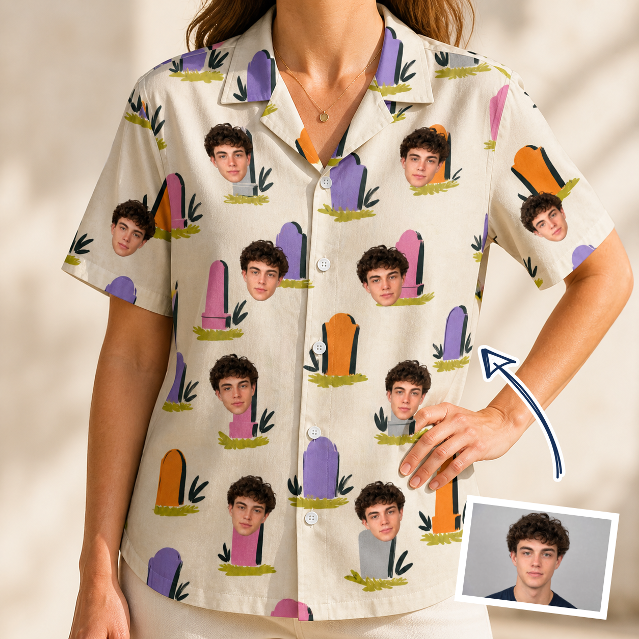 Woman wearing Women's Resting Jest Custom Face Hawaiian Shirt — custom faces printed all-over