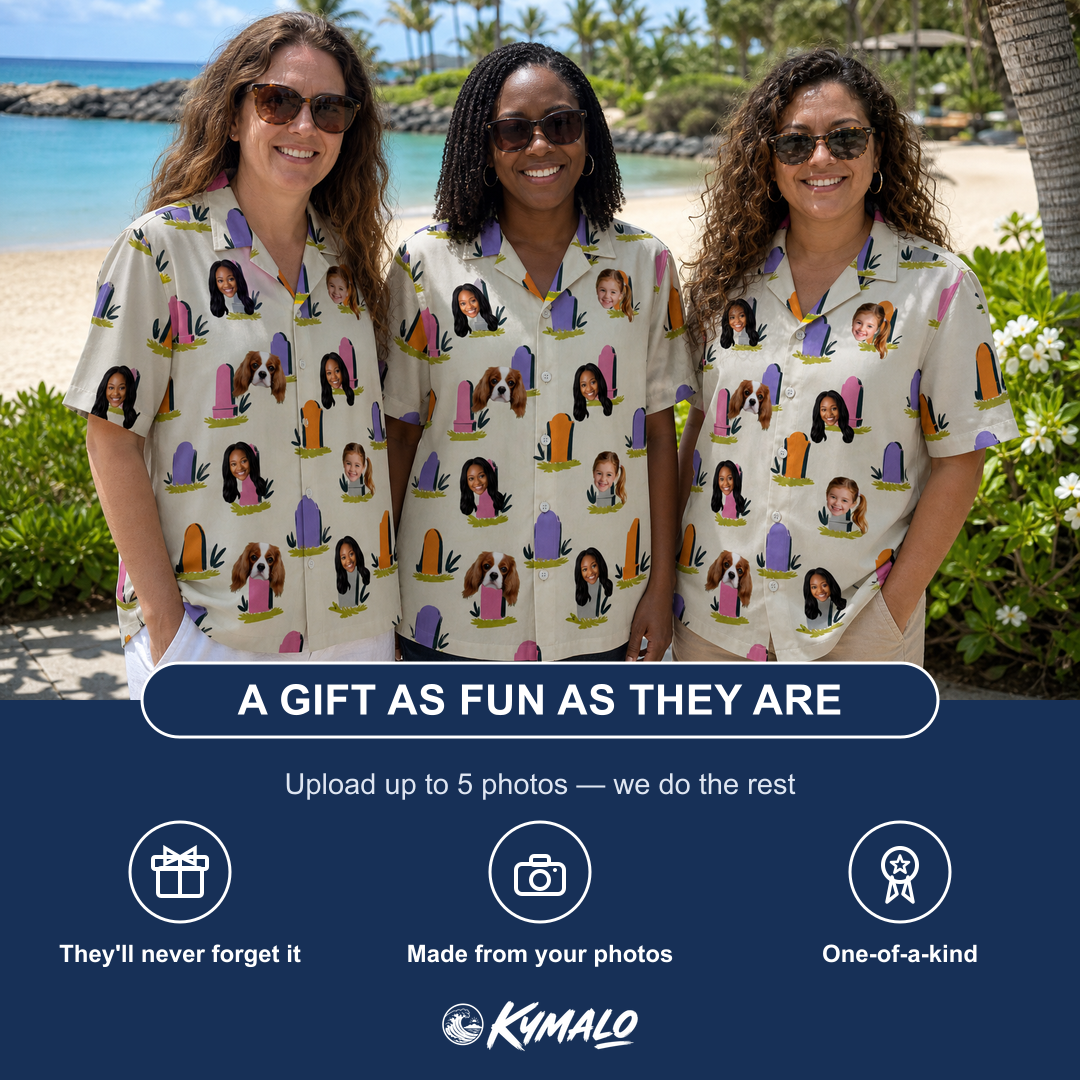 Friends in matching Women's Resting Jest Custom Face Hawaiian Shirt — a group gift photo