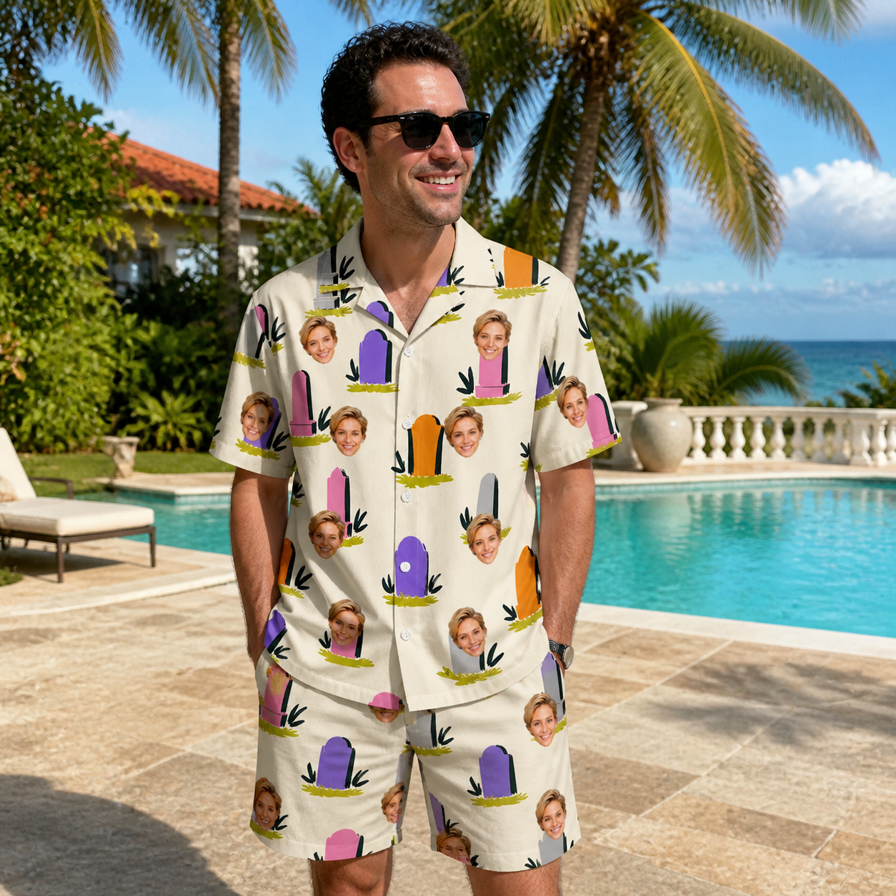 Real-life photo of someone wearing Men's Resting Jest Custom Face Shirt & Shorts Set — custom faces printed all-over