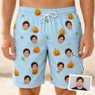 Man wearing Men's Toothy Torchlight Custom Face Beach Shorts — custom faces printed all-over