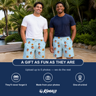 Friends in matching Men's Toothy Torchlight Custom Face Beach Shorts — a group gift photo