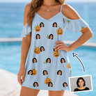 Woman wearing Women's Toothy Torchlight Custom Face Off-Shoulder Dress — custom faces printed all-over