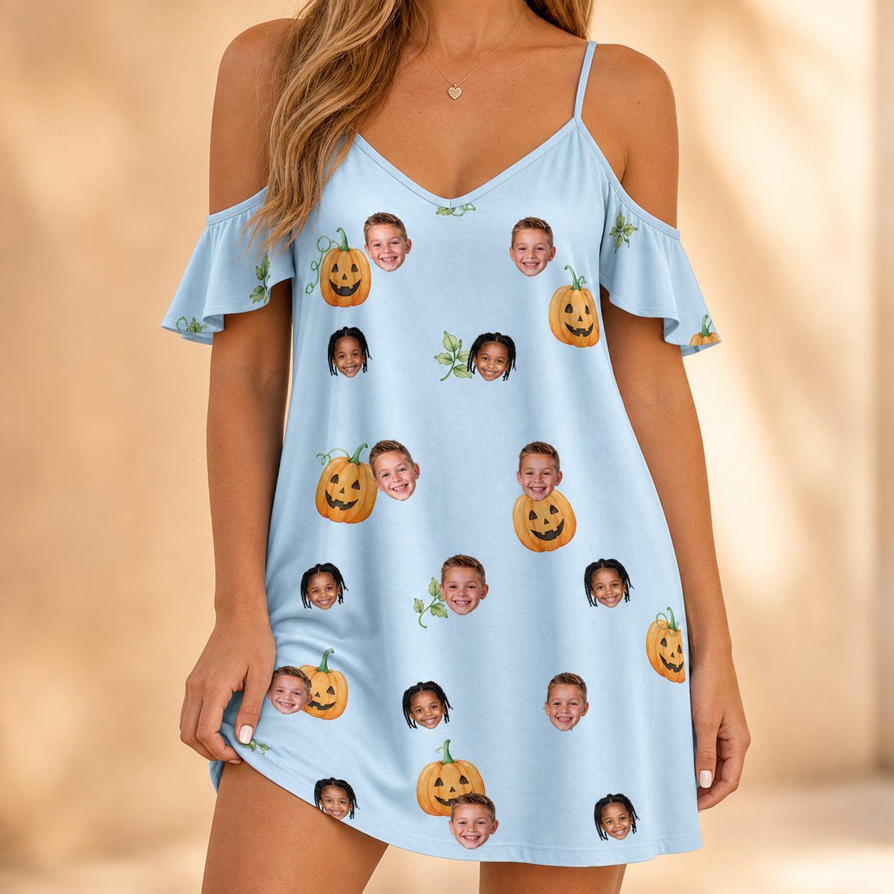 Model wearing Women's Toothy Torchlight Custom Face Off-Shoulder Dress printed with kids' faces