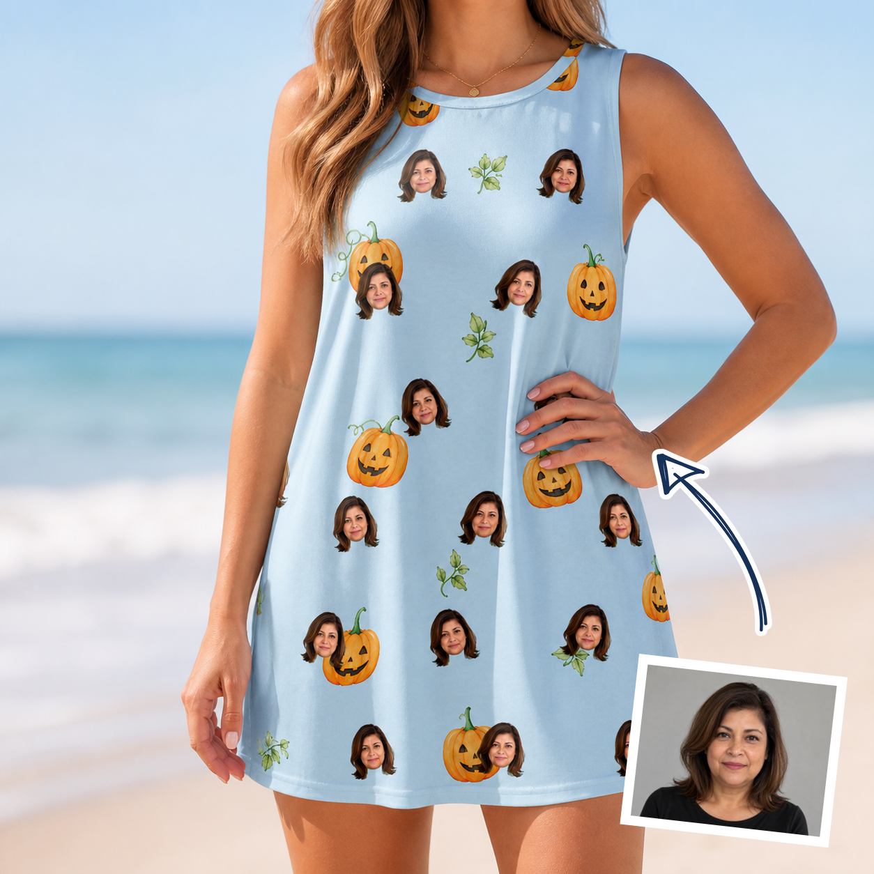 Woman wearing Women's Toothy Torchlight Custom Face Tank Dress — custom faces printed all-over