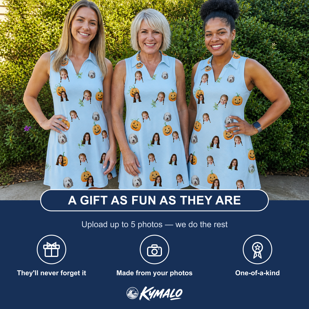 Friends in matching Women's Toothy Torchlight Custom Face V-Neck Dress — a group gift photo