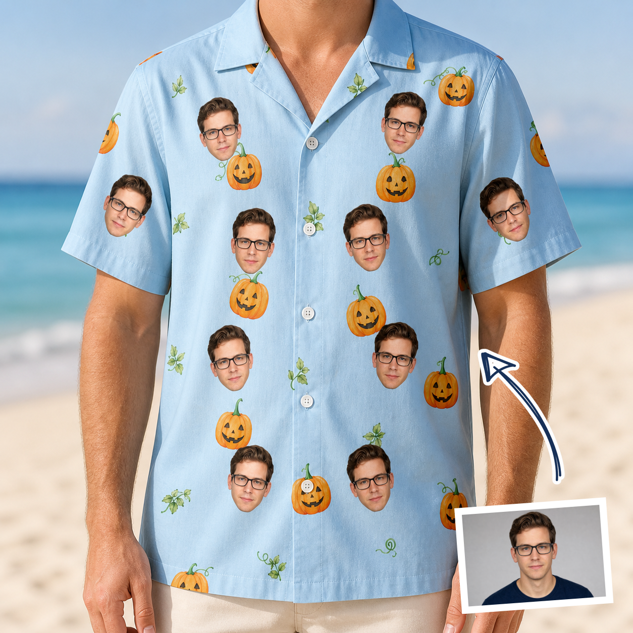 Man wearing Men's Toothy Torchlight Custom Face Hawaiian Shirt — custom faces printed all-over