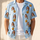 Man wearing Men's Toothy Torchlight Custom Face Hawaiian Shirt open over a white tee