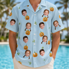 Model wearing Men's Toothy Torchlight Custom Face Hawaiian Shirt printed with kids' faces