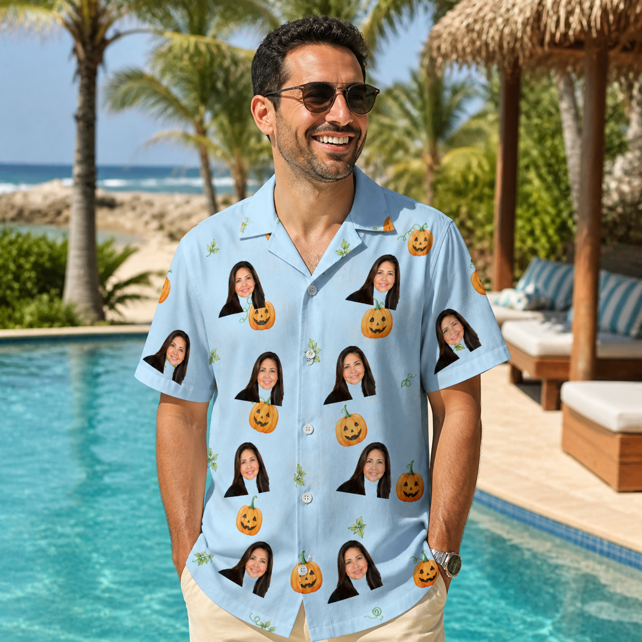Real-life photo of someone wearing Men's Toothy Torchlight Custom Face Hawaiian Shirt — custom faces printed all-over