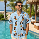 Real-life photo of someone wearing Men's Toothy Torchlight Custom Face Hawaiian Shirt — custom faces printed all-over