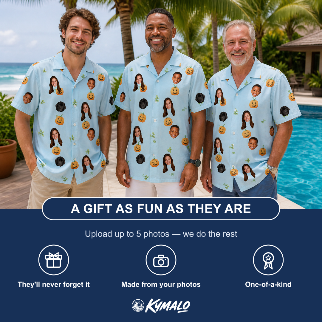 Friends in matching Men's Toothy Torchlight Custom Face Hawaiian Shirt — a group gift photo