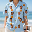Woman wearing Women's Toothy Torchlight Custom Face Hawaiian Shirt — custom faces printed all-over