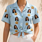 Woman wearing Women's Toothy Torchlight Custom Face Hawaiian Shirt tied at the waist