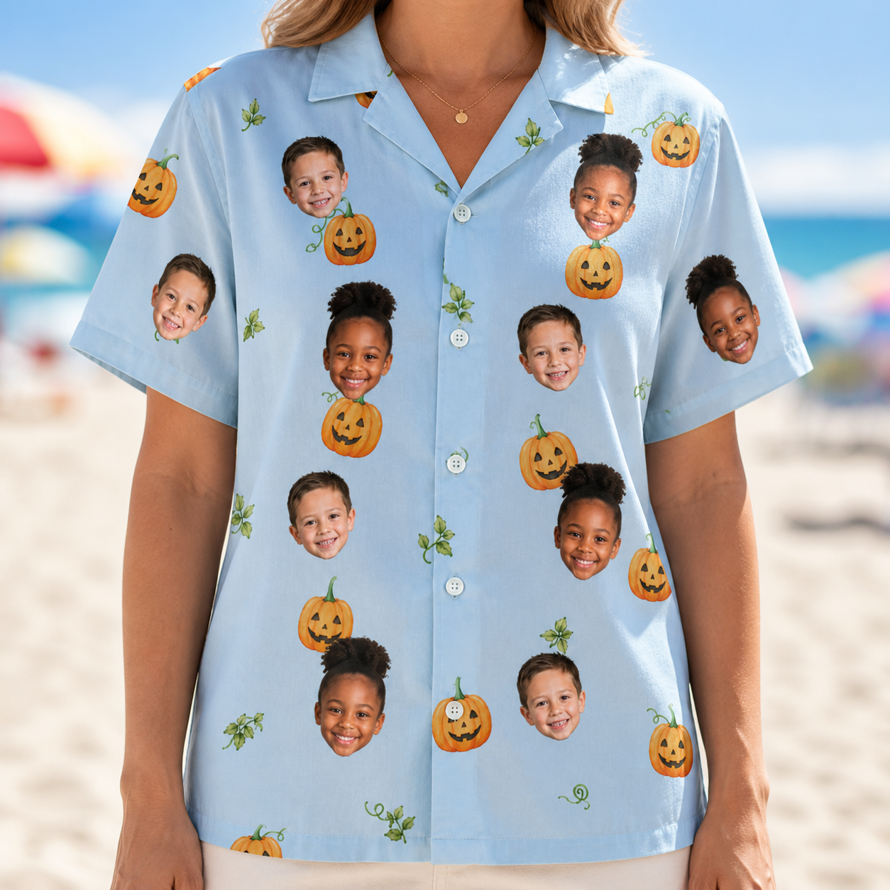 Model wearing Women's Toothy Torchlight Custom Face Hawaiian Shirt printed with kids' faces