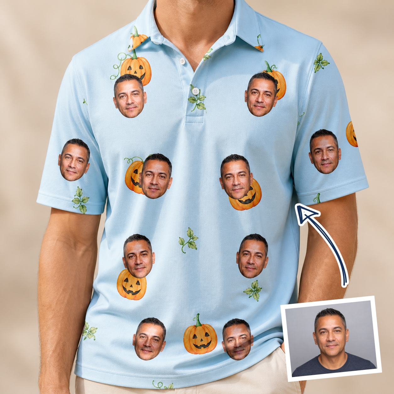 Man wearing Men's Toothy Torchlight Custom Face Polo Shirt — custom faces printed all-over