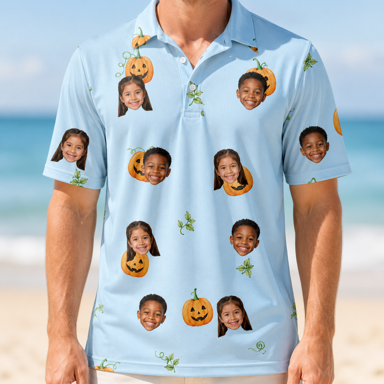 Model wearing Men's Toothy Torchlight Custom Face Polo Shirt printed with kids' faces