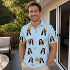 Real-life photo of someone wearing Men's Toothy Torchlight Custom Face Polo Shirt — custom faces printed all-over