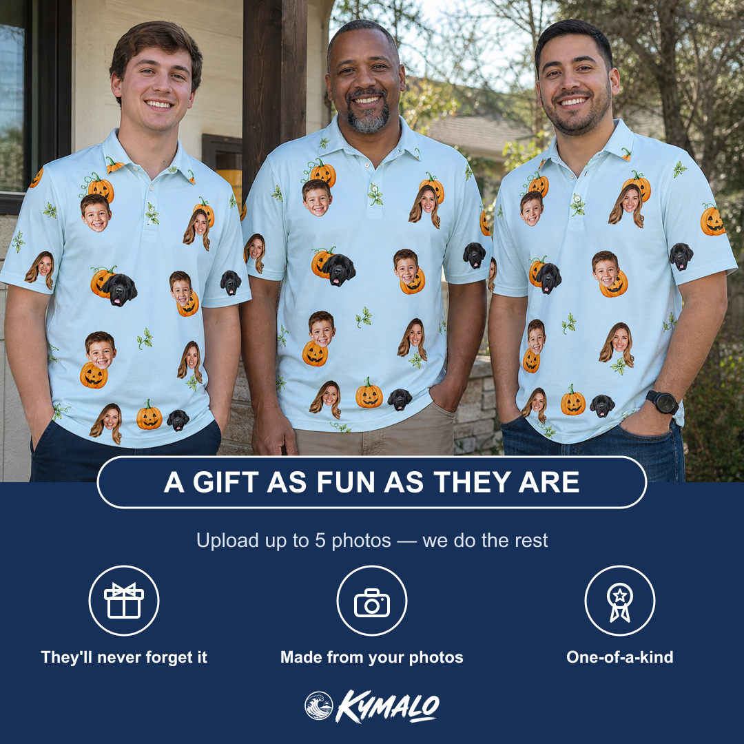 Friends in matching Men's Toothy Torchlight Custom Face Polo Shirt — a group gift photo