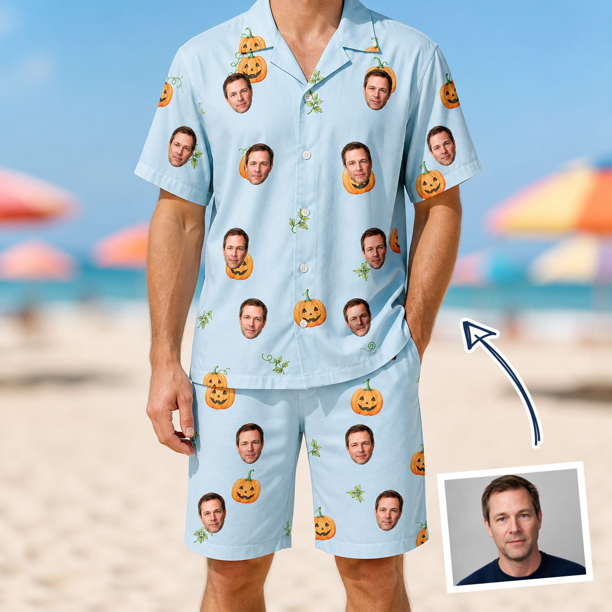 Man wearing Men's Toothy Torchlight Custom Face Shirt & Shorts Set — custom faces printed all-over