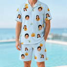 Model wearing Men's Toothy Torchlight Custom Face Shirt & Shorts Set printed with kids' faces