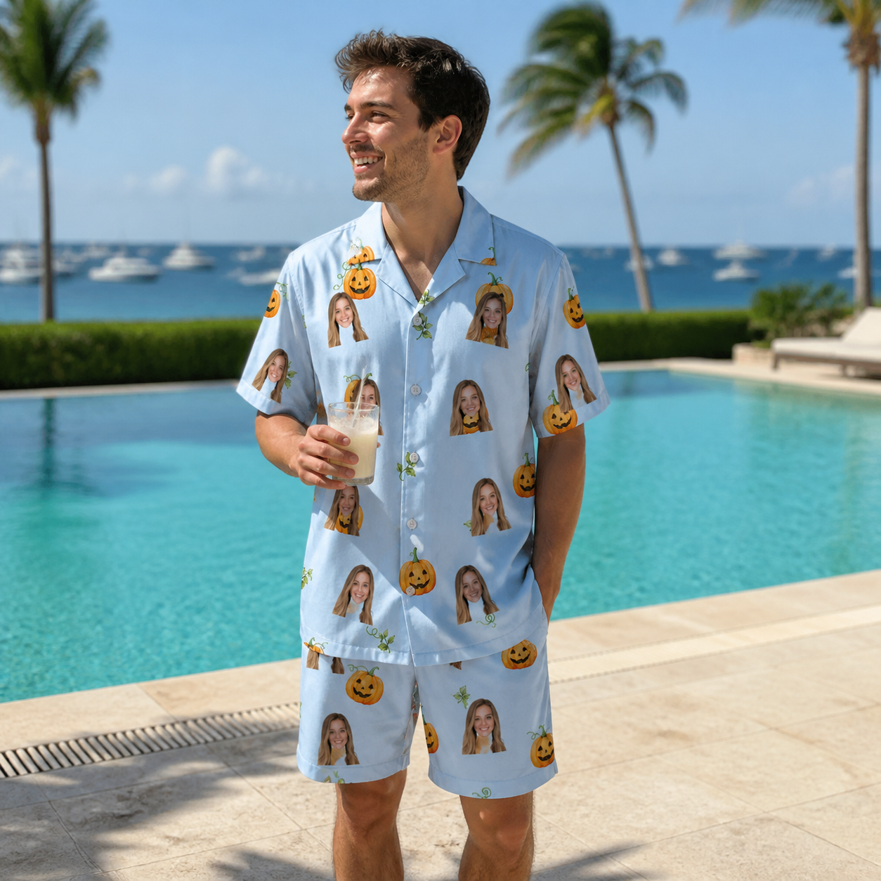 Real-life photo of someone wearing Men's Toothy Torchlight Custom Face Shirt & Shorts Set — custom faces printed all-over