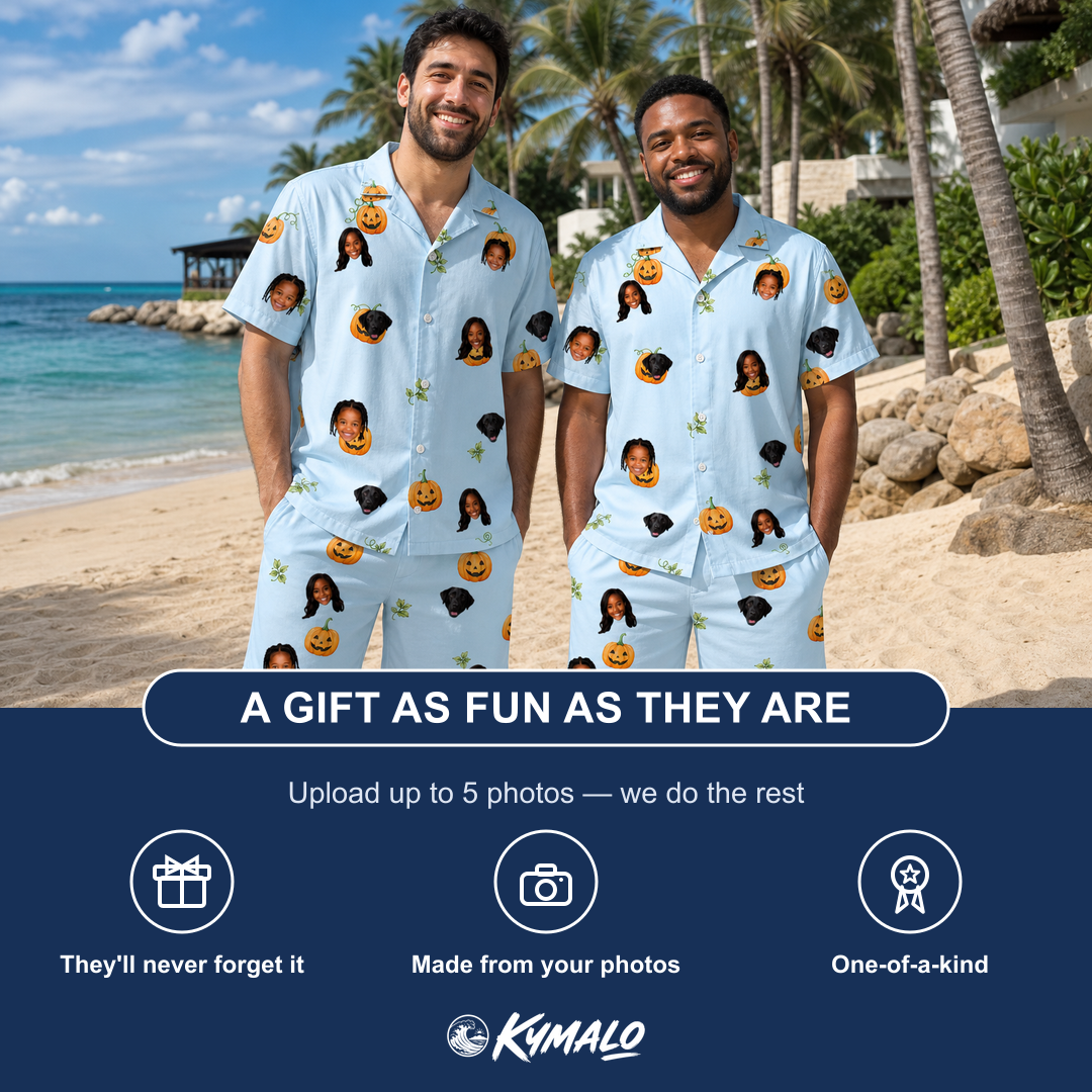 Friends in matching Men's Toothy Torchlight Custom Face Shirt & Shorts Set — a group gift photo