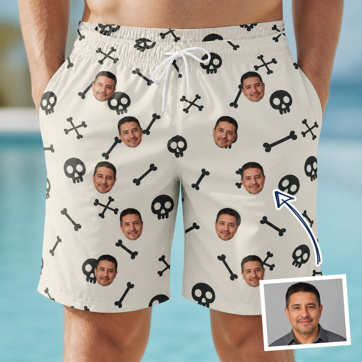 Man wearing Men's Skeleton Shenanigans Custom Face Beach Shorts — custom faces printed all-over