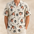 Model wearing Men's Skeleton Shenanigans Custom Face Hawaiian Shirt printed with kids' faces