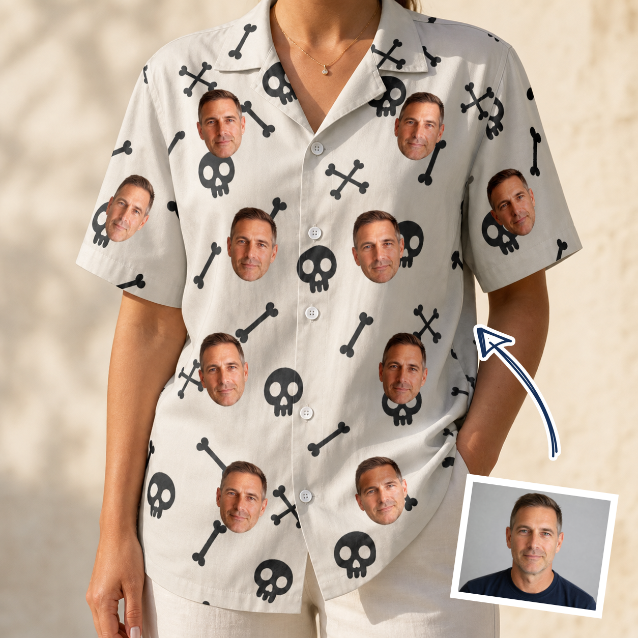 Woman wearing Women's Skeleton Shenanigans Custom Face Hawaiian Shirt — custom faces printed all-over