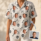 Woman wearing Women's Skeleton Shenanigans Custom Face Hawaiian Shirt — custom faces printed all-over