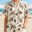 Model wearing Women's Skeleton Shenanigans Custom Face Hawaiian Shirt printed with kids' faces