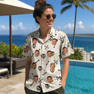 Real-life photo of someone wearing Women's Skeleton Shenanigans Custom Face Hawaiian Shirt — custom faces printed all-over
