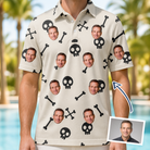 Man wearing Men's Skeleton Shenanigans Custom Face Polo Shirt — custom faces printed all-over