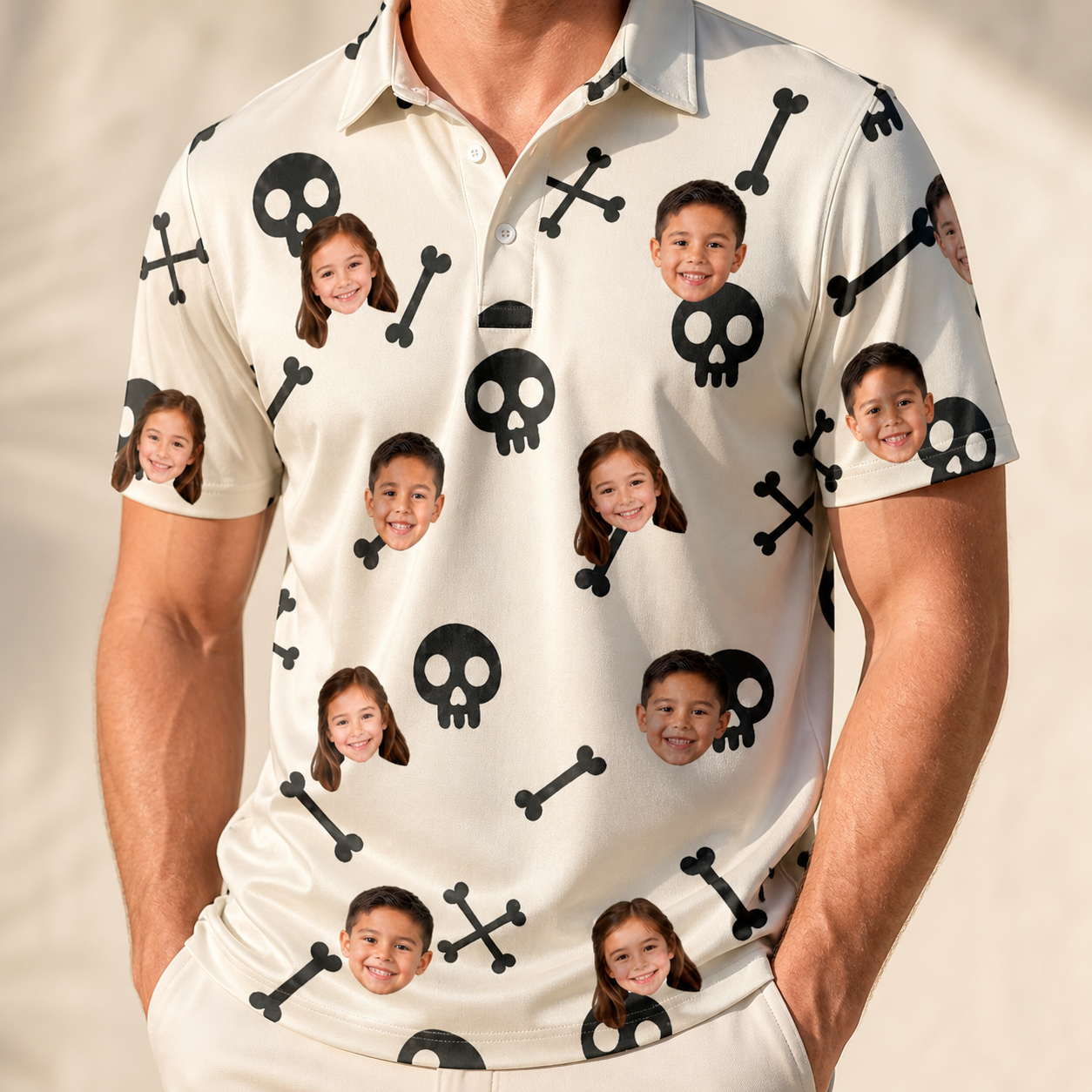 Model wearing Men's Skeleton Shenanigans Custom Face Polo Shirt printed with kids' faces