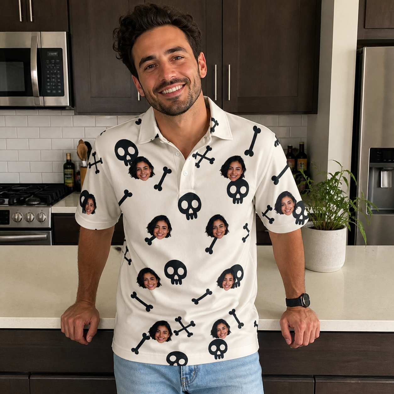Real-life photo of someone wearing Men's Skeleton Shenanigans Custom Face Polo Shirt — custom faces printed all-over
