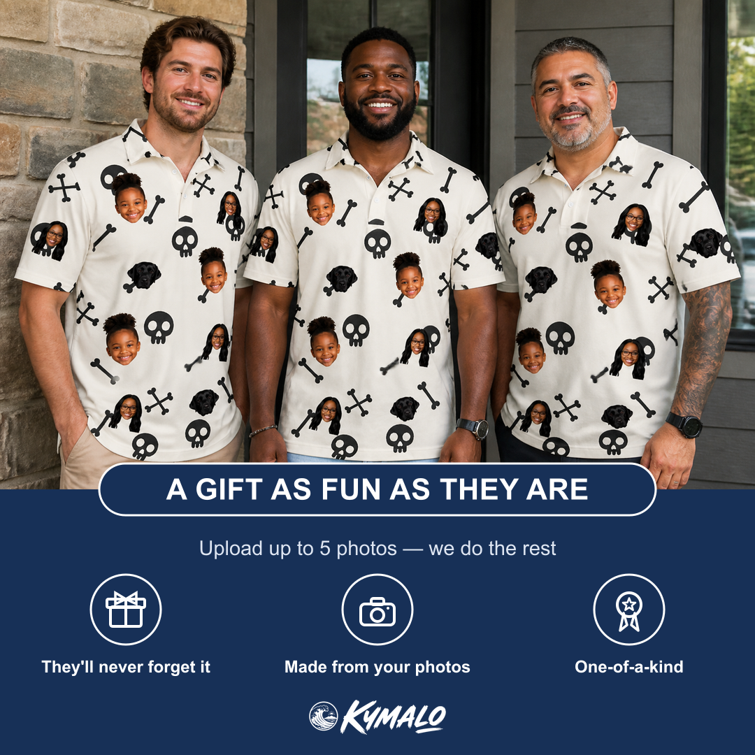 Friends in matching Men's Skeleton Shenanigans Custom Face Polo Shirt — a group gift photo