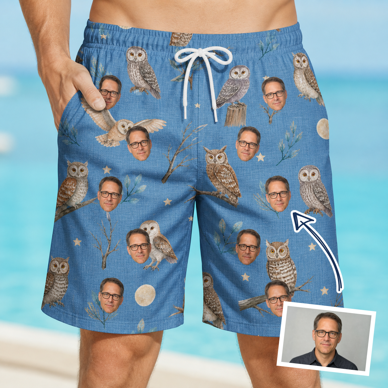 Man wearing Men's Hoot Hollow Custom Face Beach Shorts — custom faces printed all-over