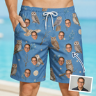 Man wearing Men's Hoot Hollow Custom Face Beach Shorts — custom faces printed all-over