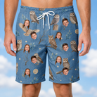 Model wearing Men's Hoot Hollow Custom Face Beach Shorts printed with kids' faces
