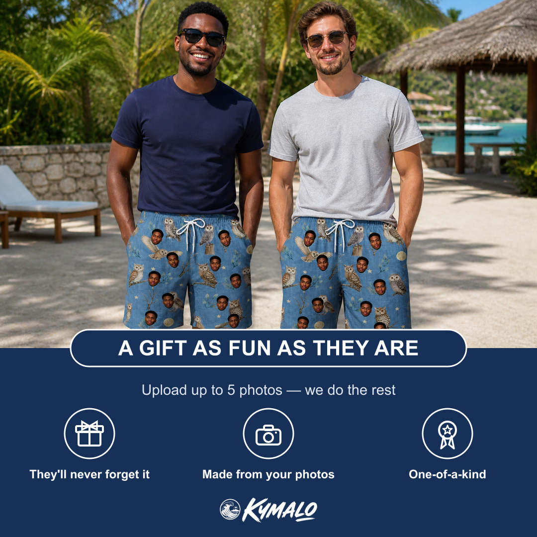Friends in matching Men's Hoot Hollow Custom Face Beach Shorts — a group gift photo