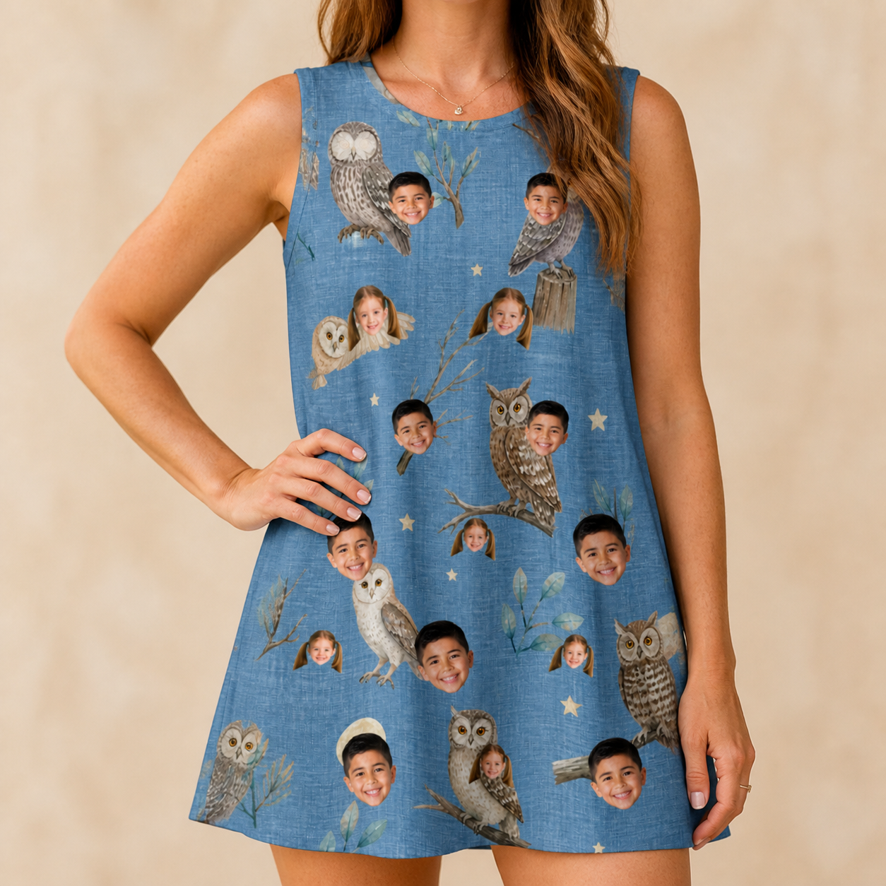 Model wearing Women's Hoot Hollow Custom Face Tank Dress printed with kids' faces