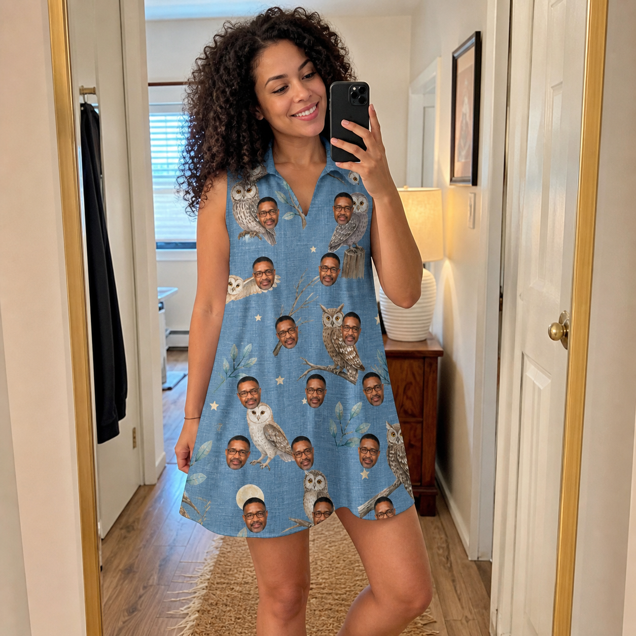 Real-life photo of someone wearing Women's Hoot Hollow Custom Face V-Neck Dress — custom faces printed all-over