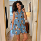Real-life photo of someone wearing Women's Hoot Hollow Custom Face V-Neck Dress — custom faces printed all-over